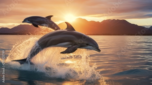 A playful dolphin leaps out of the blue sea, its body glistening in the sunlight