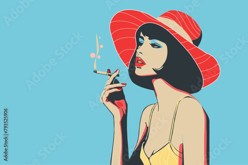 pop art design, single woman - man, relaxing , smoking cigarette, summer - spring , fashion wall decoration 