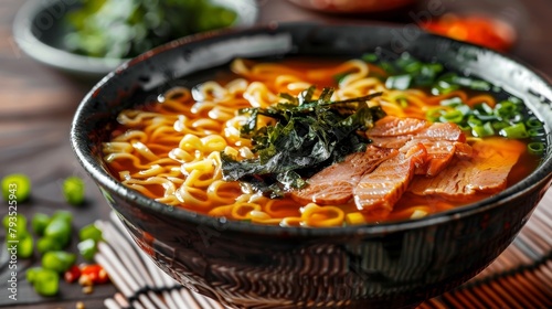 Gourmet close-up of Japanese noodle soup, Ramen, with miso-flavored broth, pork slices, and seaweed, set against an isolated backdrop, studio lighting