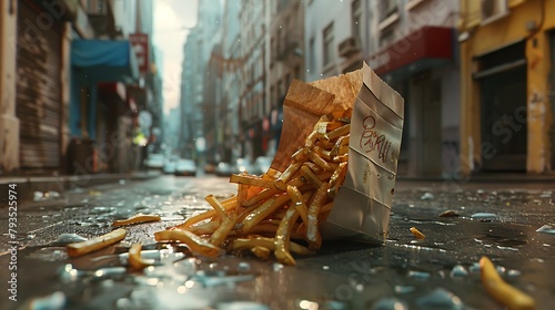 A paper bag overstuffed with hot fries, its corners damp with grease, left behind on a bustling city street photo