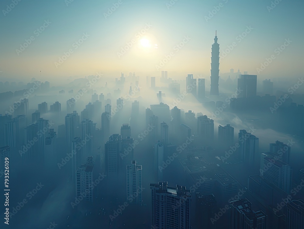 Air Pollution - Smog - Hazy Skyline - An alarming view of a city skyline obscured by thick smog, illustrating the detrimental effects of air pollution on human health and the environment