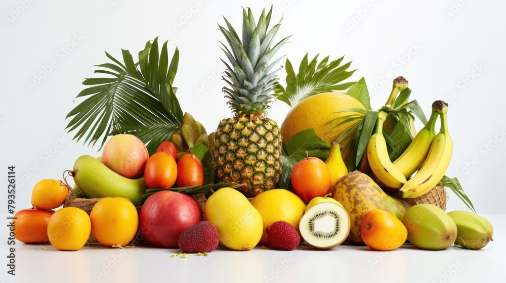 Assorted fresh fruits and vegetables on white background