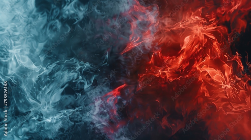 Abstract image of swirling smoke with a stark red and blue contrast, suggesting mystery and duality.