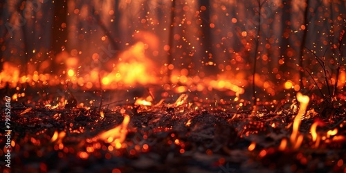A mesmerizing scene of sparks and embers rising in a dark forest at twilight, conveying warmth and danger.