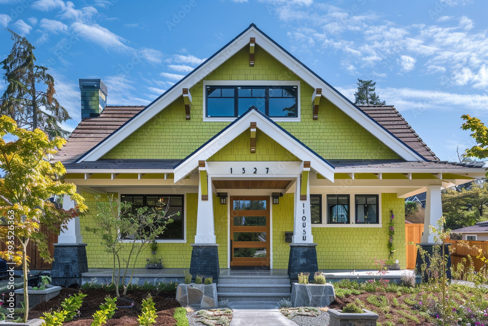 A newly constructed bright chartreuse craftsman cottage style home, with a triple pitched roof, surrounded by innovative landscaping and a modern, clean entrance, embracing bold aesthetics.