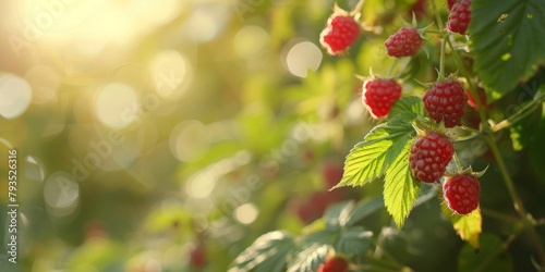 Fresh red raspberries ready for harvest, glowing in the morning sunlight.