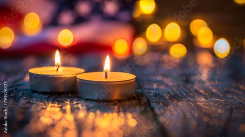 Tealight candles glow warmly against a backdrop of an unfurled American flag.