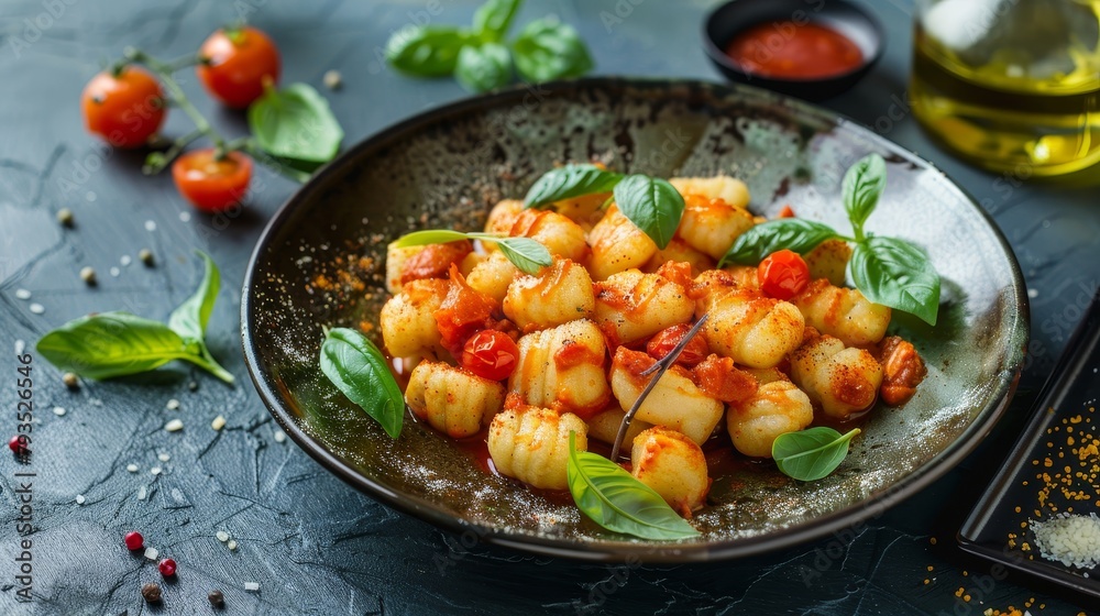 Flavorful gnocchi dish, each dumpling perfectly paired with a different sauce, designed for an appealing menu visual, isolated background