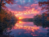 Autumn Reflections - Serenity - Lake Sunset - A tranquil lake reflecting the vibrant colors of autumn foliage, with the sun setting behind a canopy of trees