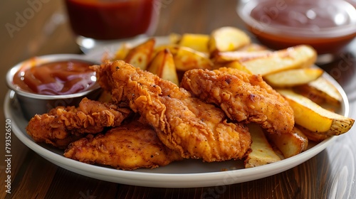 A plate of golden fried chicken tenders served with crispy seasoned potato wedges and tangy barbecue sauce for dipping photo