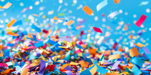 Bright, multicolored paper confetti falling against a clear blue sky background, festive and cheerful.