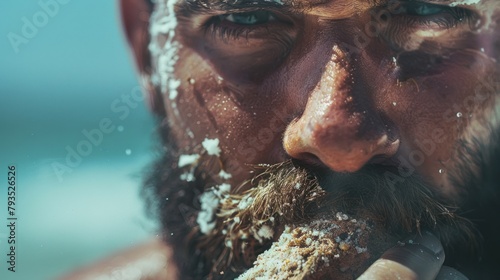 Close up of a cheating looking man eating a rock, sand in his mouth.  photo
