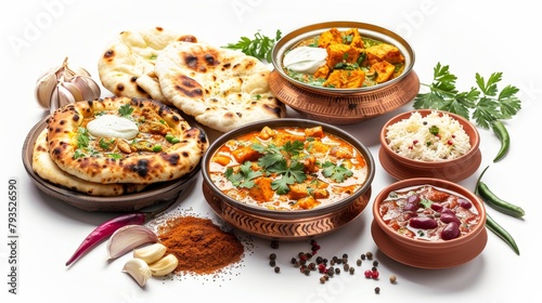 Flavorful and vibrant scene of Indian curries, each dish richly spiced and served alongside naan bread, designed for food marketing, isolated clean background