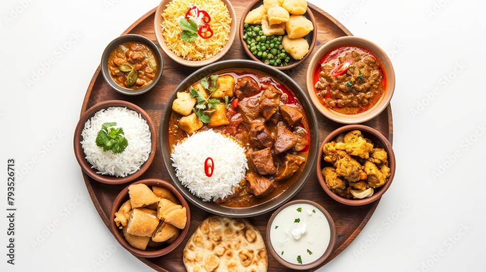 Exquisite top view shot of a curry feast, capturing the essence of Indian and Southeast Asian flavors, accompanied by rice and various dipping breads, isolated background