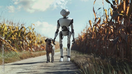 robot is taking a walk with a dog on a street between cornfields, concept household ai robot or ambient assisted living. robot is having his own pet 