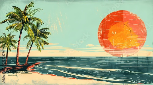 Retro beach palm trees scene illustration poster background