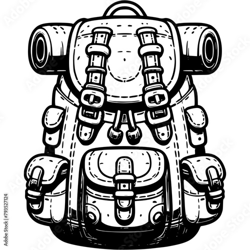 Heavy tourist backpack in monochrome. Bag of Scalolas tourists with accessories equipment. Simple minimalistic vector in black ink drawing on transparent background