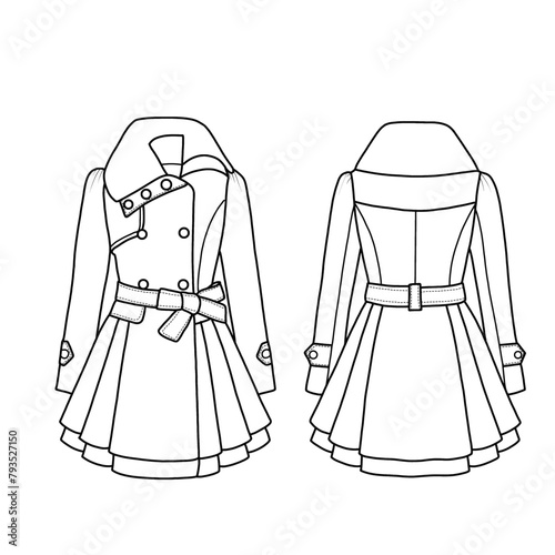 Vector illustration of trench coat winter with a belt. Outerwear jackets technical fashion illustration. Flat coat template front and back view. Isolated on a white background. photo