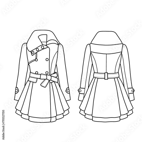 Vector illustration of trench coat winter with a belt. Outerwear jackets technical fashion illustration. Flat coat template front and back view. Isolated on a white background.