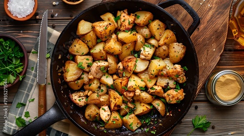 A skillet of diced potatoes and diced chicken tossed with fragrant herbs and spices, ready to be served as a flavorful side dish photo