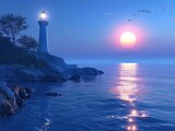 Coastal Lighthouse Night - Peace - Beacon Glow - A tranquil coastal scene with a lighthouse casting its comforting beacon glow over the dark waters below