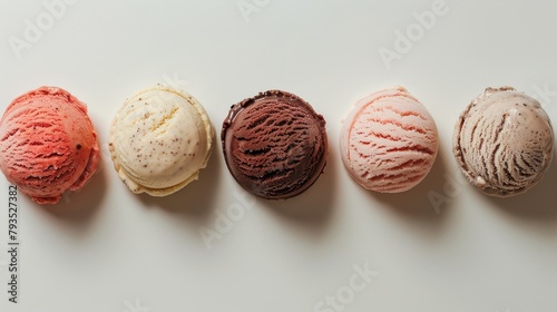 Elegant top view of multi-flavored gelato, each scoop showcasing a perfect blend of milk, sugar, and flavorings, on an isolated background, studio lit