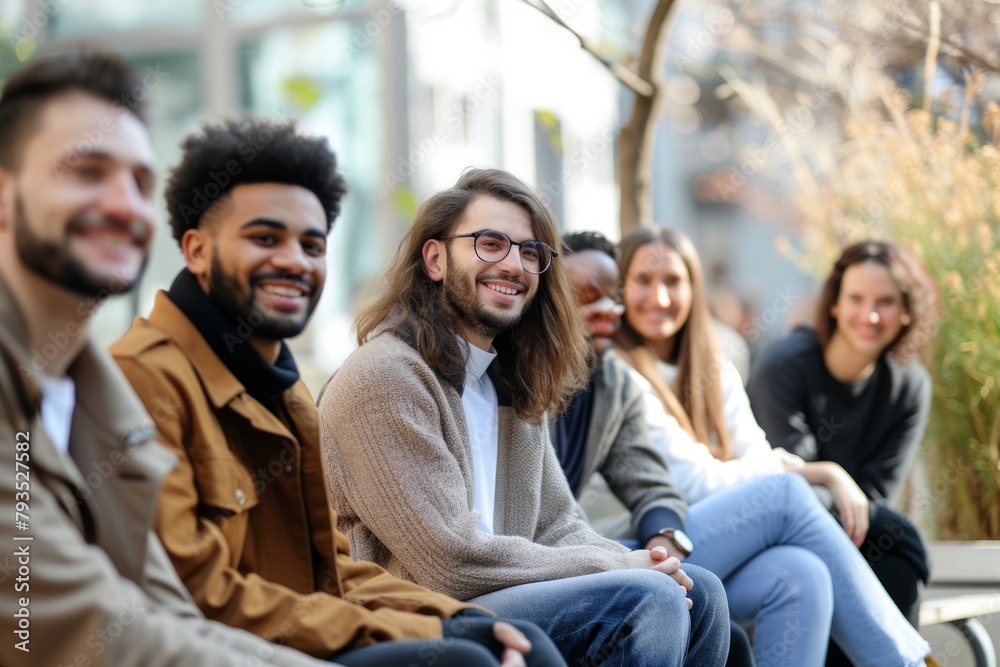 Portrait of a group of smiling young people sitting in the street Portrait of a group of smiling young people sitting in the street