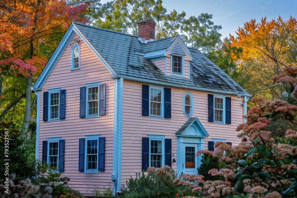 A radiant peach blush house nestled in the heart of the suburban enclave, its pale blue siding standing out against the backdrop of vibrant foliage. 