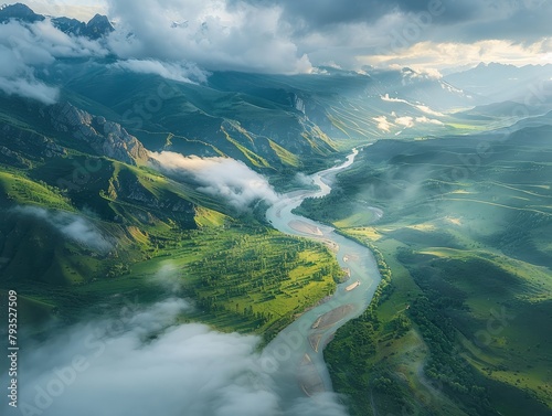 Crisp Mountain Air - Refreshing - Dramatic Clouds - Overhead shot of a winding river cutting through the valley 