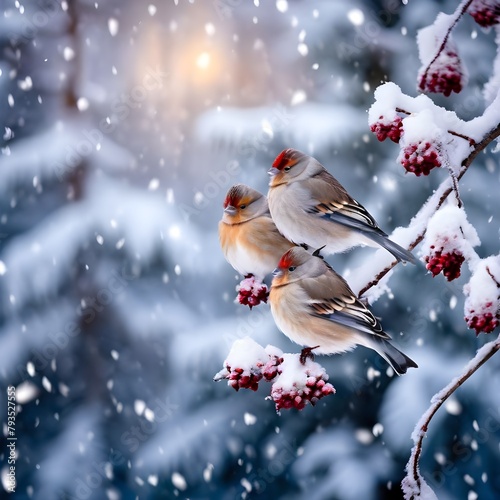 Beautiful winter scenery with European Finch birds perched on the branch within a heavy snowfall   © Hassan