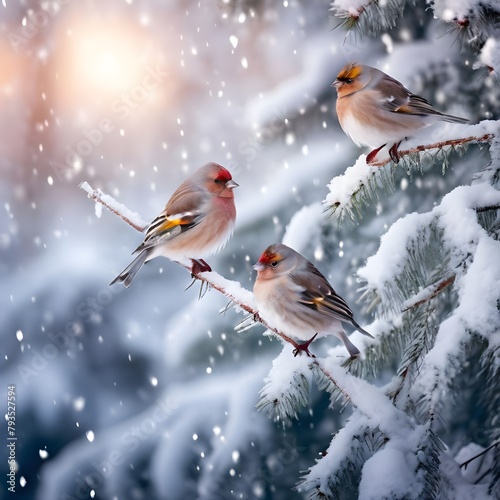 Beautiful winter scenery with European Finch birds perched on the branch within a heavy snowfall