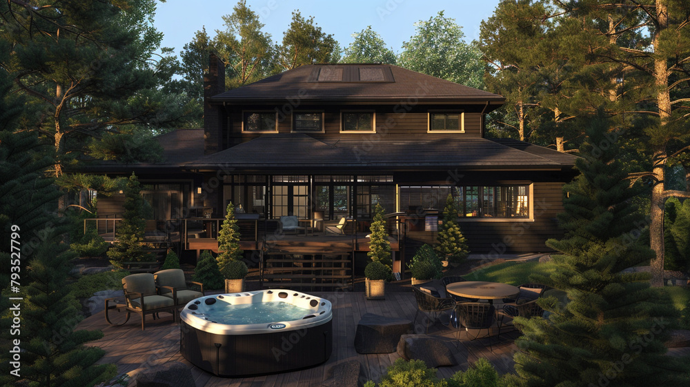 A rear view of a dark brown house with an expansive back deck, including a hot tub and outdoor kitchen, framed by towering pine trees.