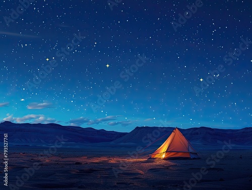 Desert Dreams - Adventure - Starry Night Sky - A lone tent pitched under a blanket of stars in the vast desert