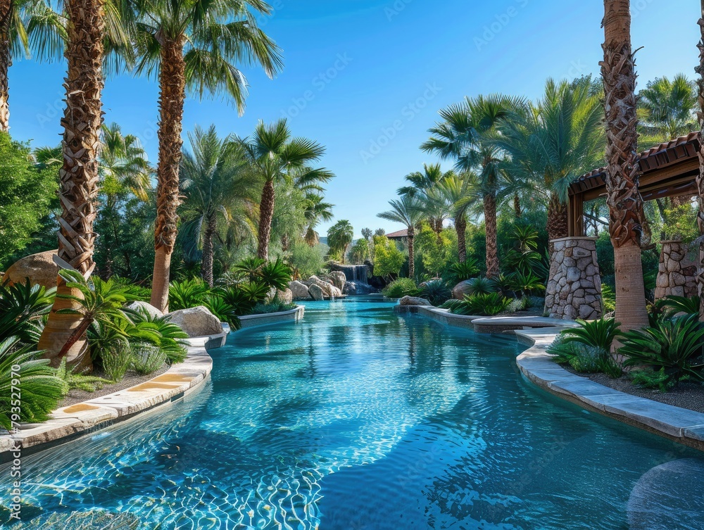 Desert Oasis - Serenity - Palm Trees and Pool - A tranquil oasis with palm trees and a shimmering pool in the desert