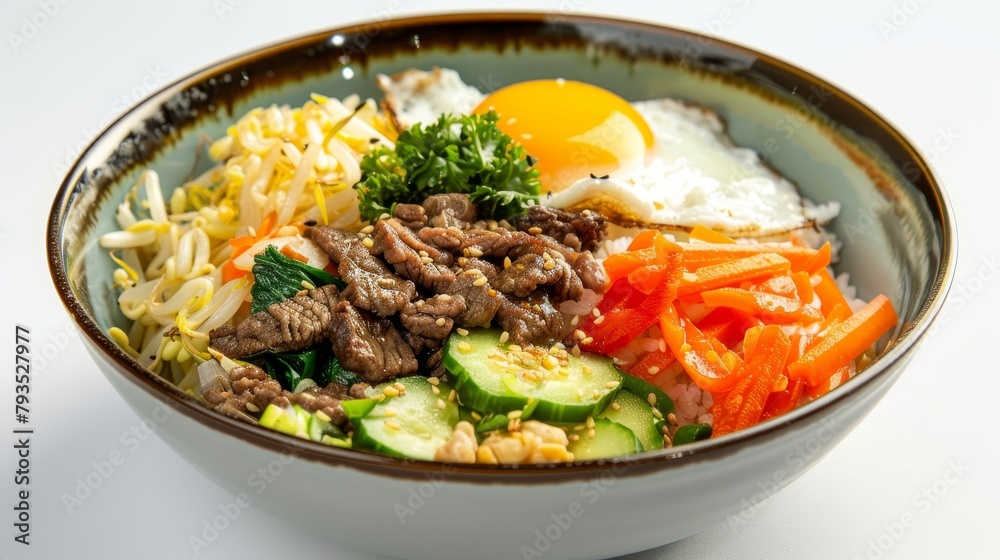 Elegant depiction of Korean mixed rice, Bibimbap, with fresh vegetables, juicy beef slices, topped with a sunny side up egg, studio isolated background Elegant depiction of Korean mixed rice, Bibimbap, with fresh vegetables, juicy beef slices, topped with a sunny side up egg, studio isolated background