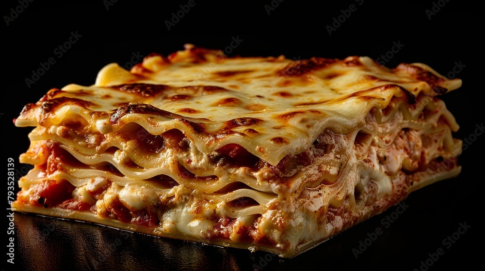 Elegantly presented lasagna, with highlights on the creamy bechamel and rich tomato layers, against an isolated background, studio lighting