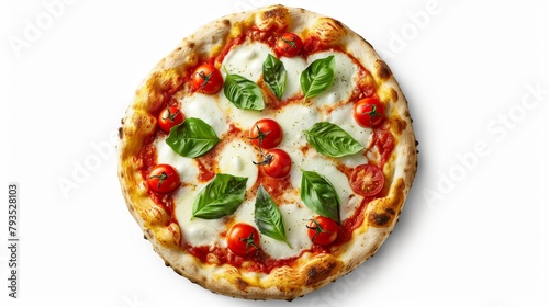 Elegant aerial view of a freshly baked Pizza Margherita, its colors paying homage to the Italian flag, ideal for food advertisement, isolated background