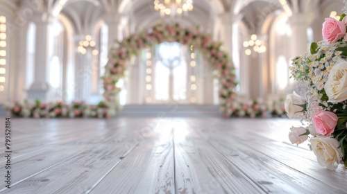 A lavish wedding venue adorned with delicate floral arrangements and rose bouquets on a bright, airy day.