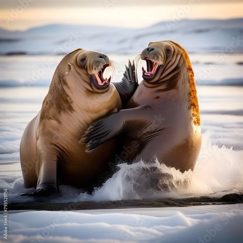atlantic walrus rosmarus rosmarus play fighting torellneset beach svalbard norway 8k photo