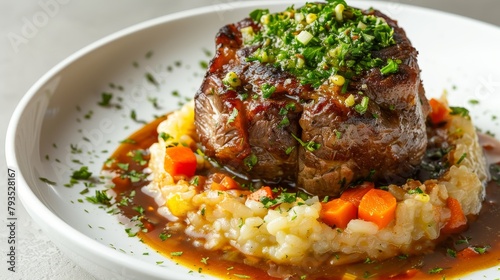 Elegantly plated Osso Buco with a side of creamy Risotto Milanese, garnished with Gremolata, against a minimalist background for a clean visual appeal, studio lighting