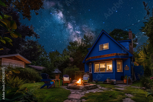 A royal blue house with a flagstone path leading to a cozy fire pit area, under a starry night sky.