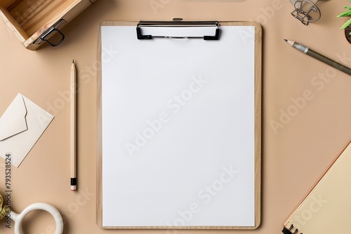 Over a beige table, a clipboard tablet pad with blank paper sheets and an office desk consisting of stationery alongside various tools and space, Generative AI. photo
