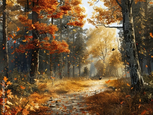 Fall Forest - Tranquility - Foliage Haven - A peaceful forest haven bathed in the warm glow of autumn foliage, with leaves rustling in the breeze and birdsong filling the air 