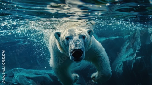Underwater view of Polar Bear swimming in the ocean 