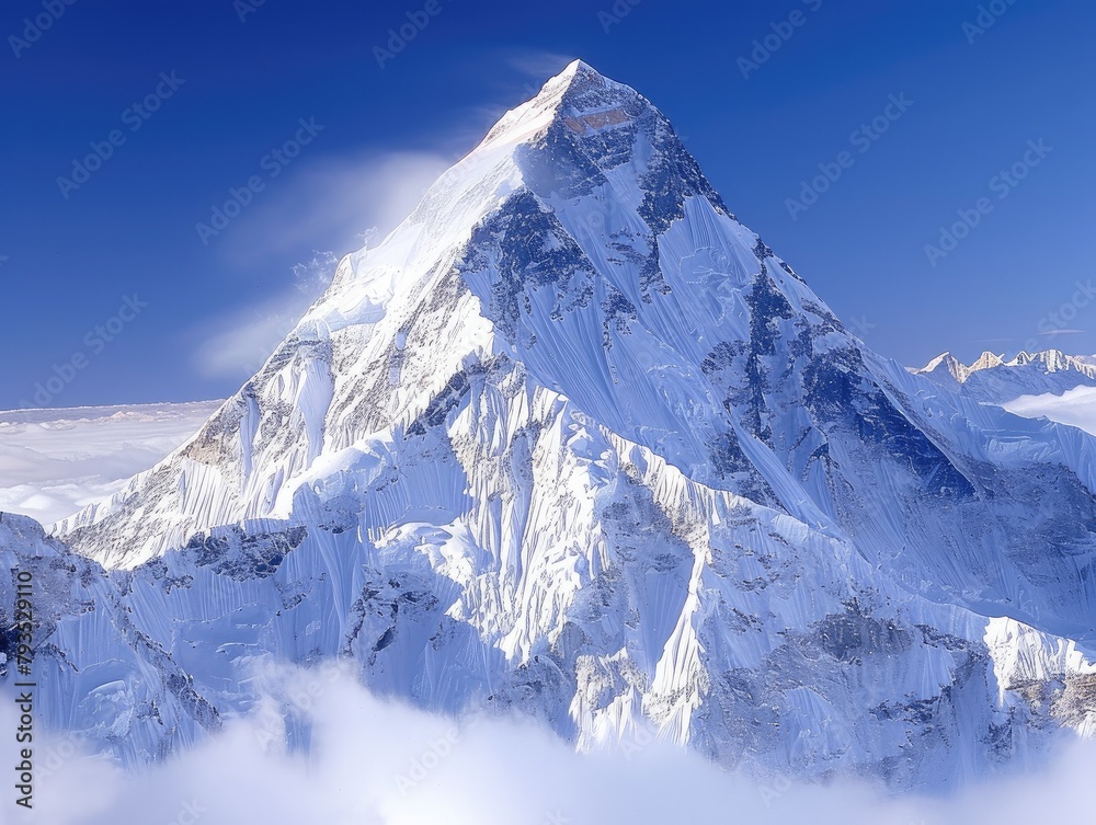 Glacial Peak - Majesty - Frozen Majesty - A towering glacial peak piercing the sky, its icy slopes glistening in the sunlight against a backdrop of azure blue 
