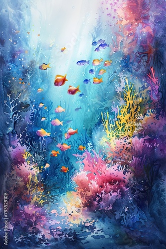 Dance of the sea fantasies  a watercolour look at the underwater world  where every tiny detail is vividly coloured  displaying the beauty and amazing diversity of life in the ocean.