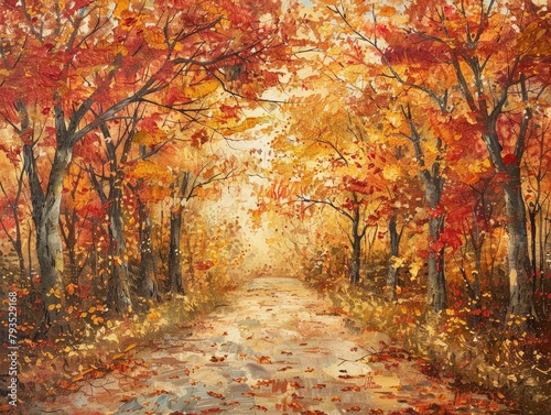 Golden Autumn - Beauty - Leafy Tapestry - A golden tapestry of autumn foliage  with trees ablaze in fiery hues of red  orange  and gold  creating a scene of natural wonder 