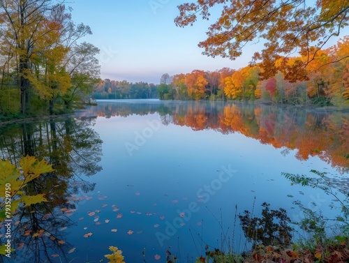 Lakeside Tranquility - Relaxation - Autumn Colors - Vibrant foliage reflected in the still waters of a lake at dawn