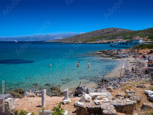 Ruins of early Christian basilica by a clear beach (Kolokitha Beach, Kalydon, Crete, Greece)