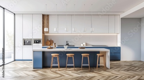Modern white and blue kitchen with wooden details and parquet floor, modern pendant lamps, minimalistic interior design concept idea, island with stools and accessories